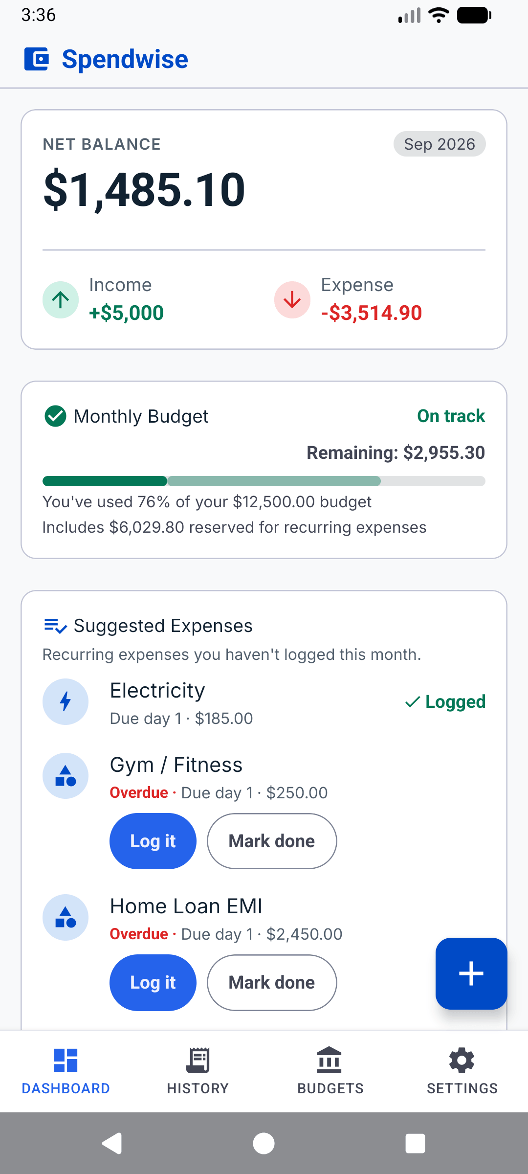 The Spendwise dashboard showing a net balance of $1,485.10, income and expense totals, monthly budget progress, and a list of suggested recurring expenses.